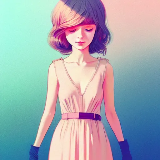 Image similar to young female in summer dress art, pastel light pink long hair, muted colors, matte print, pastel colors, ornate, digital art, digital painting, fan art, elegant, artstation, head is centered, by Ilya Kuvshinov