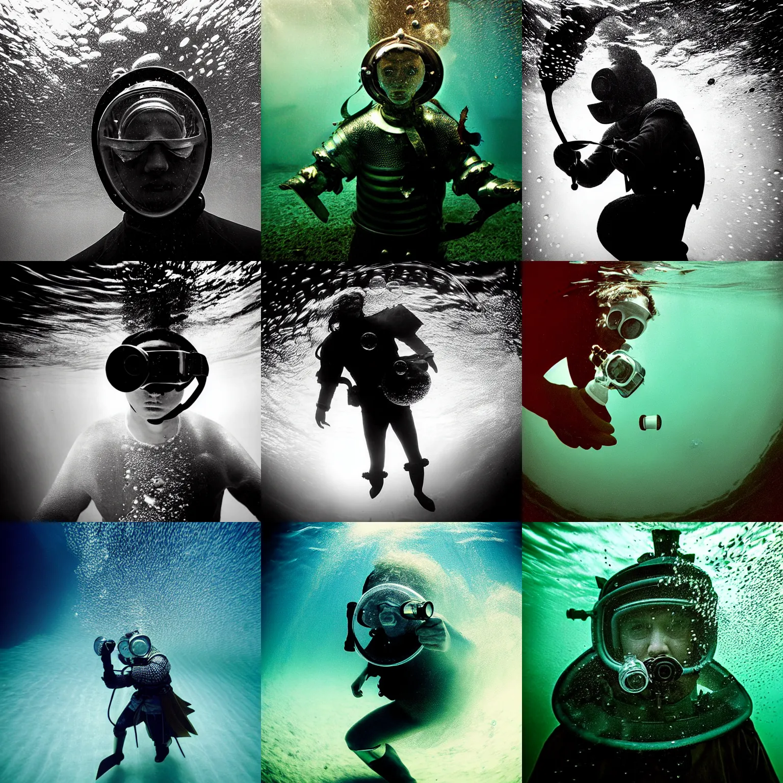 Prompt: Underwater photo of a stylish medieval knight by Trent Parke, staring at a camera through a visor, close up, huge bubbles, metallic patterns, clean, detailed