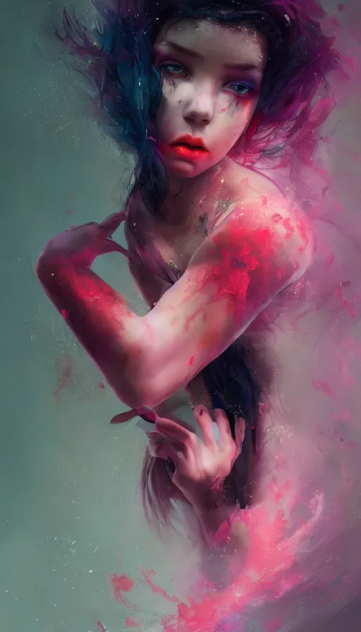 Image similar to shot of bored girl with pouty aerochrome ( ( ( lips ) ) ), fungal, adorable, expressive eyes, kawaii playful pose of a dancer, greg rutkowski, charlie bowater, yuumei, stephen gammell, unreal 5, daz, hyperrealistic, dark, dynamic lighting, fantasy art, beautiful face