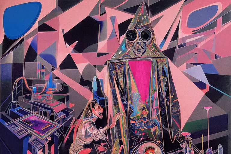 Image similar to a highly detailed beautiful masterpiece painting of a technomancer wizard in dazzle camouflage robes with pointed hood discussing sentience with his synthesized AI djinn hologram in his laboratory near a computer by Remedios Varo and Anato Finnstark and Greg Rutkowski and Andy Warhol and Francis Picabia, dayglo pink, dayglo blue, prismatic, pearlescent white, raven black, hyperrealism, 8k, trending on ArtStation, rendered in Octane, rendered in Unreal engine, award winning, volumetric lighting