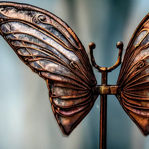 Image similar to fairy wings, metal, steampunk, macro, award winning photo