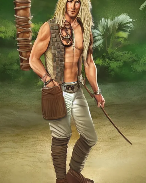 Image similar to a hippy male ranger, dnd, wearing a leather vest and white linen pants, puka shell necklace, long swept back blond hair, with a bongo drum and nunchuku, chiseled good looks, digital art