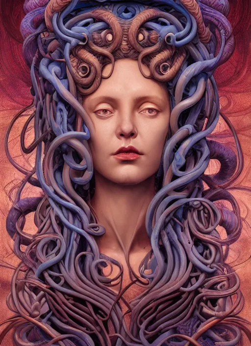 Prompt: medusa, wooden art nouveau swirls, strong subsurface scattering, cables, tubes, subsurface scattering, in the style of james jean and tomasz alen kopera and giger, subsurface scattering, mystical colors, rim light, soft lighting, 8 k, stunning scene, raytracing, octane render, trending on artstation