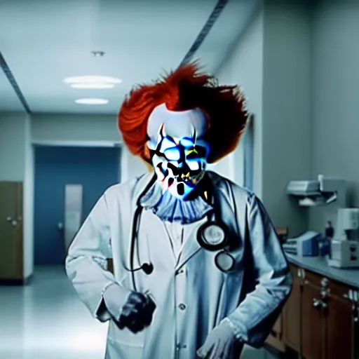 Image similar to a photograph of pennywise dressed as a doctor in a hospital, with a lab coat, with a stethoscope, hyperdetailed, intricate, dramatic, horror movie, movie still, 4 k realistic, volumetric lighting, sharp focus