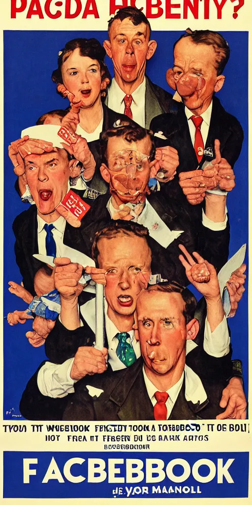 Image similar to a propaganda style poster to ban facebook. in the style of norman rockwell.