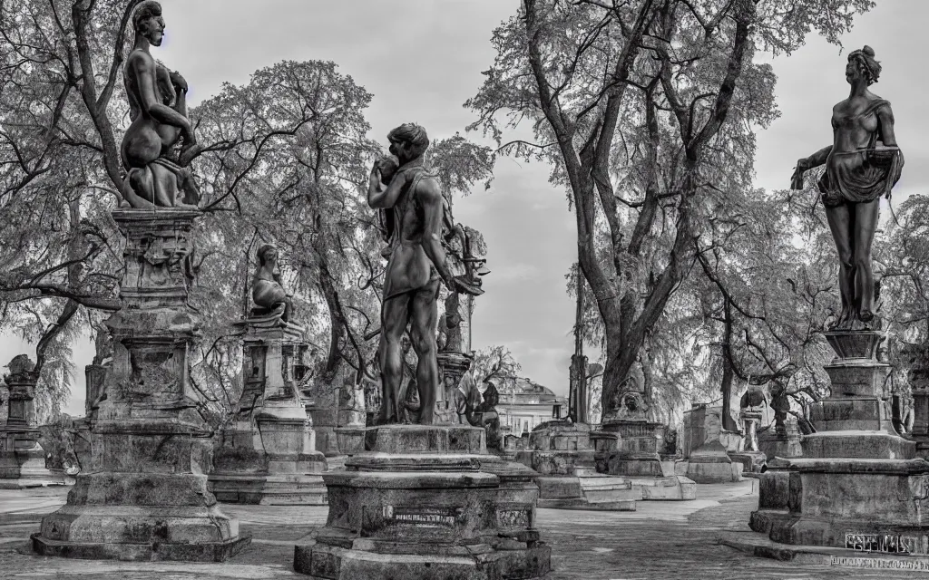 Image similar to the statue park in st. petersburg, by patrick brown, monochrome,