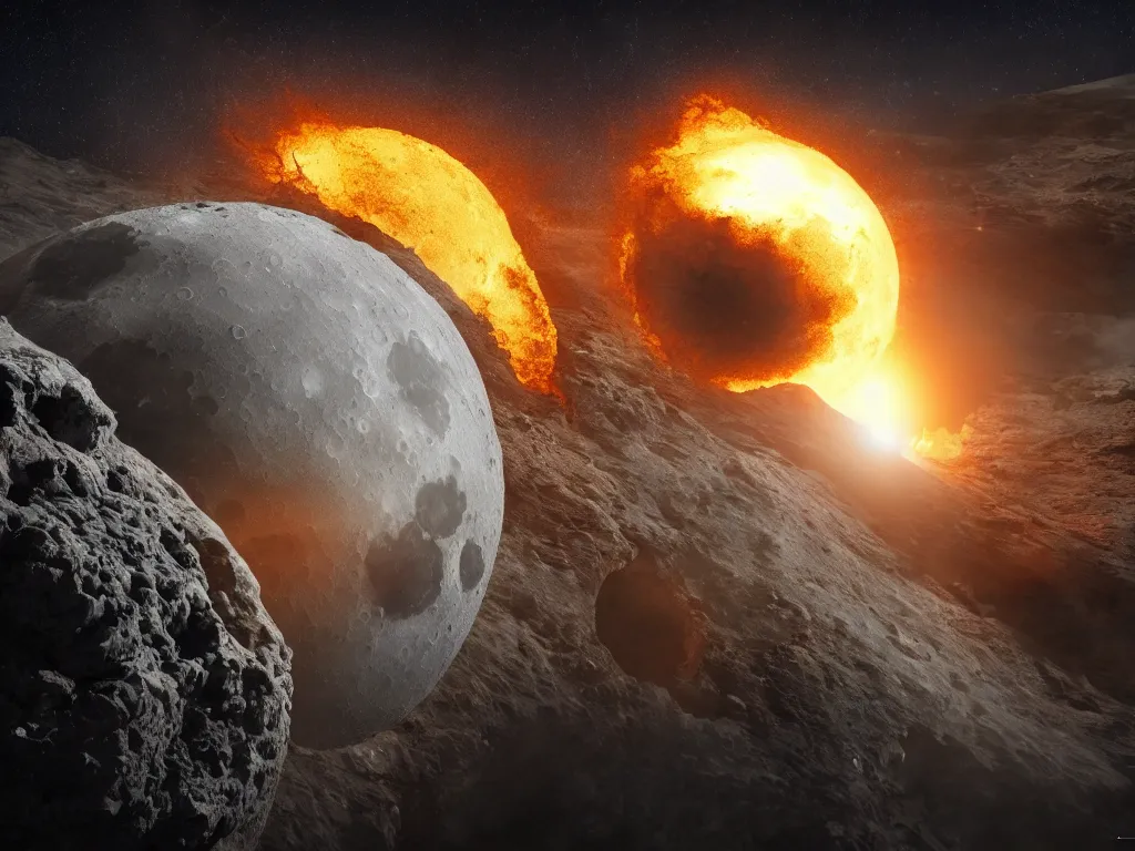 Image similar to wide shot of the moon falling out of orbit and crashing into earth, causing an fiery extinction-level event, 8k resolution, high detail, epic scale, trending on artstation