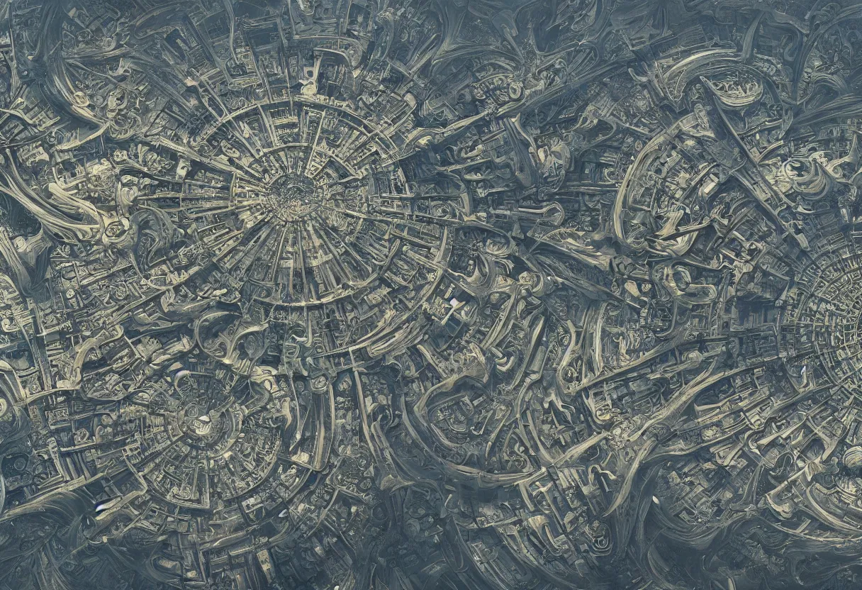 Image similar to top down image of a radial city made of complex fractal architecture, by daniel - by greg rutkowski and raymond swanland hr giger and zdzislaw beksinski and alphonse mucha and moebius, matte painting, hyperdetailed, symmetry, art nouveau, beautiful render, concept art