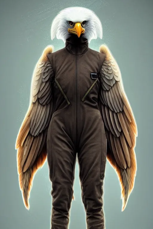 Prompt: epic professional digital art of a human - eagle hybrid animal wearing human flight jumpsuit, air force jumpsuit, humanoid feathered head, eagle beak, by lisa roet, sam leach, leesha hannigan, artstation, cgsocietywlop, epic, much wow, much detail