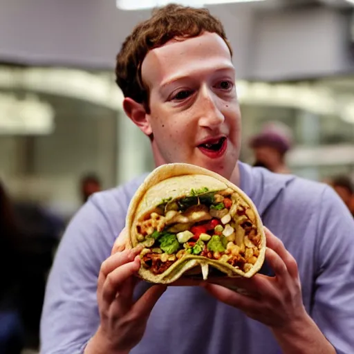 Image similar to photograph of Mark Zuckerberg eating an extremely large burrito