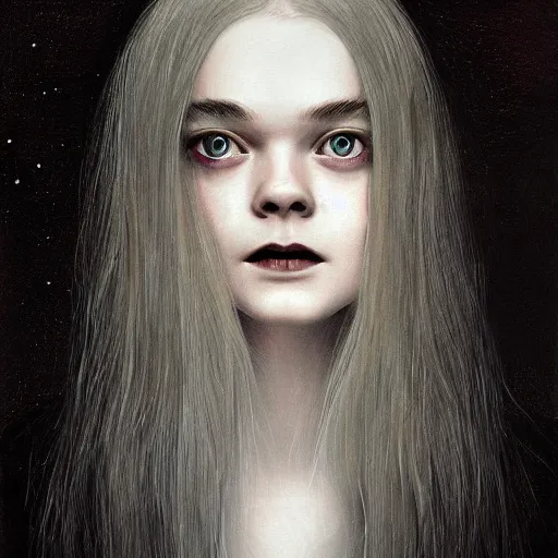 Prompt: a striking esoteric painting of Elle Fanning , dark, metal, black background, occult, by Edward Hughes