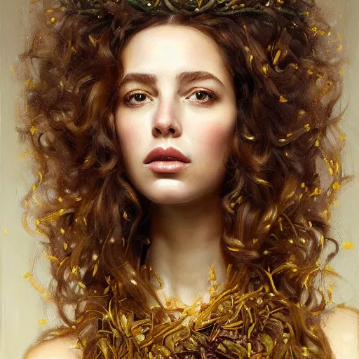 Prompt: epic painting of highly detailed long curly brown haired female in olive blouse on golden glowing background with sweet dried dates, medjool dates, dried dates crown in style of amy leibowitz, wlop, jeremy lipkin, beeple