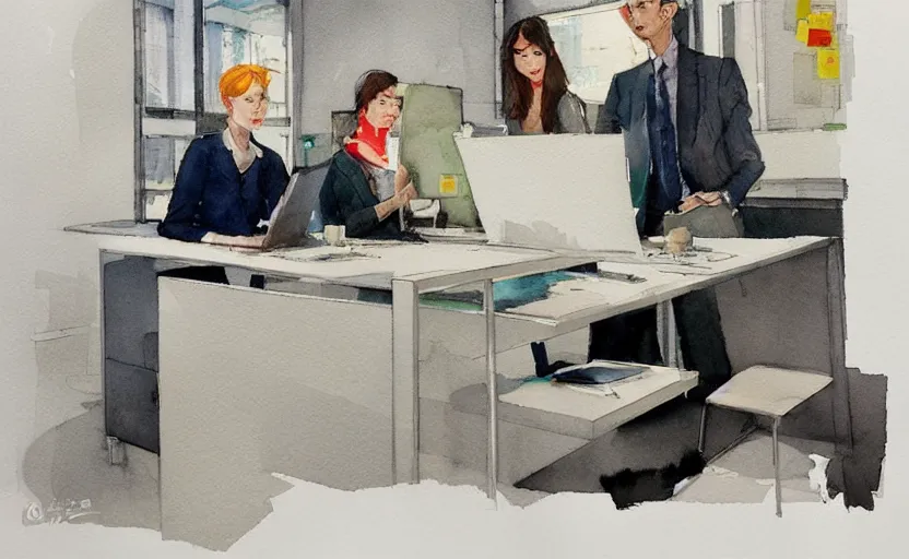 Image similar to concept art of a modern office life, pinterest, artstation trending, behance, watercolor, by coby whitmore *, silver, laser light *,