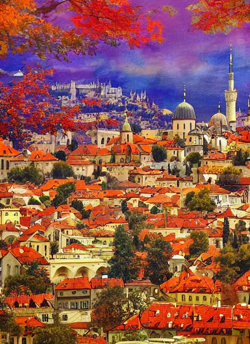 Image similar to painting of beautiful shot of Royal medieval Middle Eastern city like Prague mixed with Istanbul like Islamic architecture with greenery all around , autumn colors