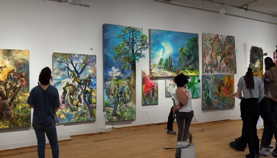 Image similar to art gallery full of humanoid robots painting nature scenes on canvases