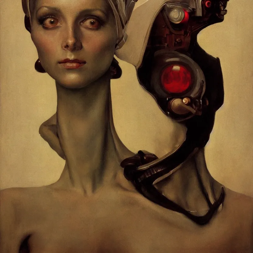 Prompt: portrait painting of an elegantly beautiful alien with glowing eyes, by norman rockwell. muted colors, soft gradients. baroque period, renaissance masterpiece. black background. trending on artstation. retrofuturism.