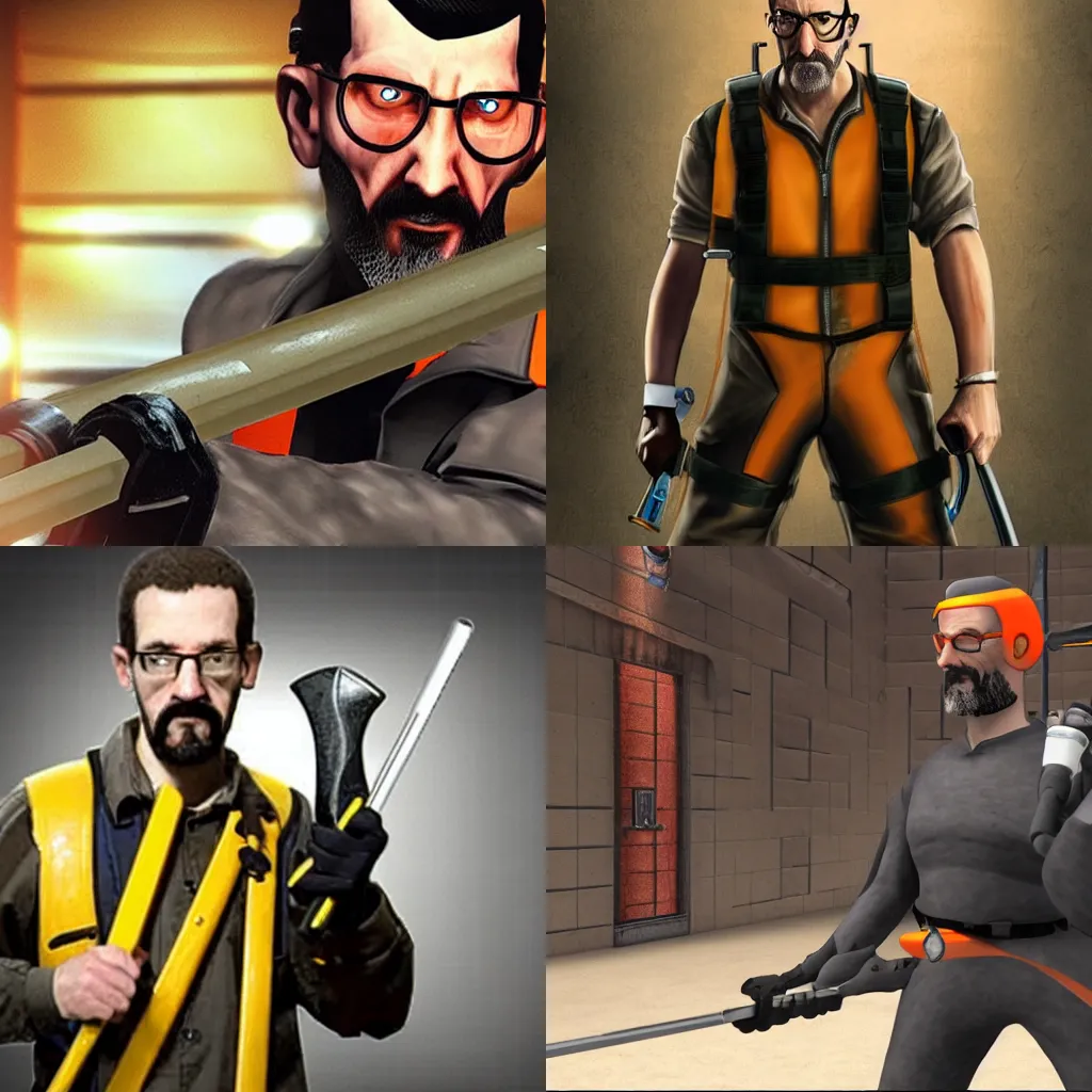 Prompt: Gordon Freeman holding his crowbar