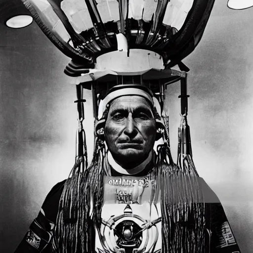 Prompt: portrait of Iroquois warrior standing in front of a space ship command center with windows, cockpits with comoles futuristic machinery, space ship interrior in alien nostromo style, ornaments and tribal decorations on robes, black and white old photo, vintage