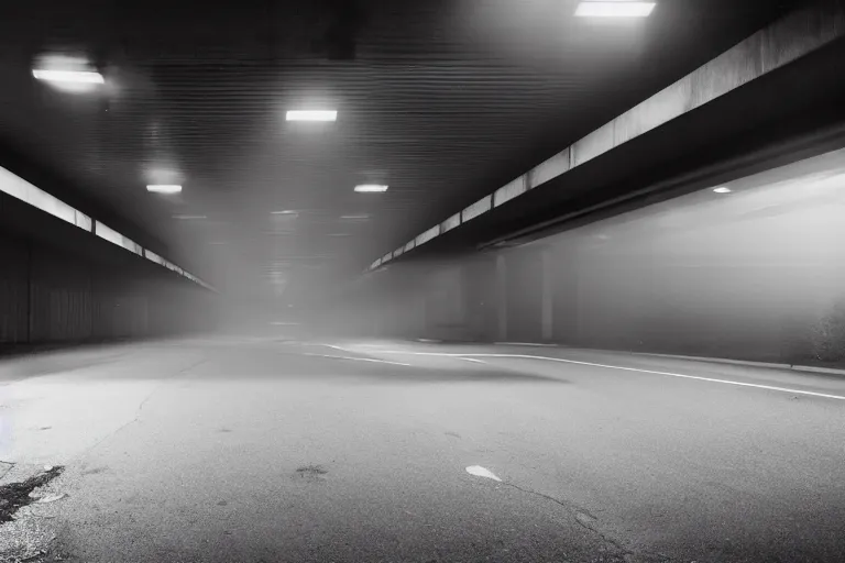 Prompt: a liminal parking tower seen from inside. Low camera angle. Nighttime. Diffused light, misty atmosphere. Long shadows gives an eerie feeling of doom. Wide angle lens.