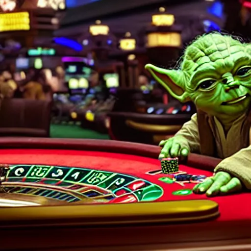 Image similar to film still of yoda gambling in las vegas casino in the new star wars movie 4 k 8 k