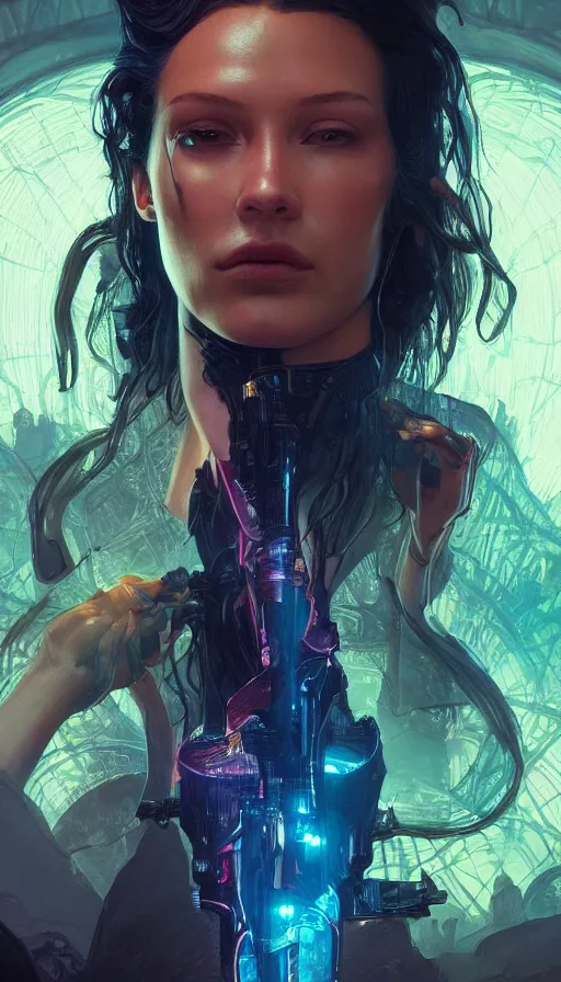 Image similar to altered carbon, young bella hadid, sweaty, tech, warhammer, neon, lord of the rings, intricate, highly detailed, digital painting, artstation, concept art, smooth, sharp focus, illustration, unreal engine 5, 8 k, art by artgerm and greg rutkowski and alphonse mucha