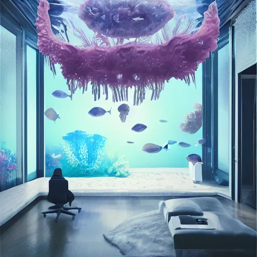 Prompt: photo of the modern fashionable room as aquarium with a chandelier as a big jellyfish, beautiful corals on the walls and dangerous sharks on the big panoramic window, realism, sharp details, cinematic, a lot of gleans, under the ocean, realistic colors, realistic shadows, daylight by beeple and by greg rutkowski
