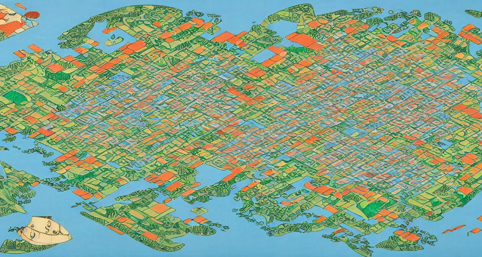 Prompt: 3 d isometric information map of a city island. time series charts, pie plots and other modern graphics. diego rivera ( ukiyo - e influence ). botanical illustration. hyperdetailed.