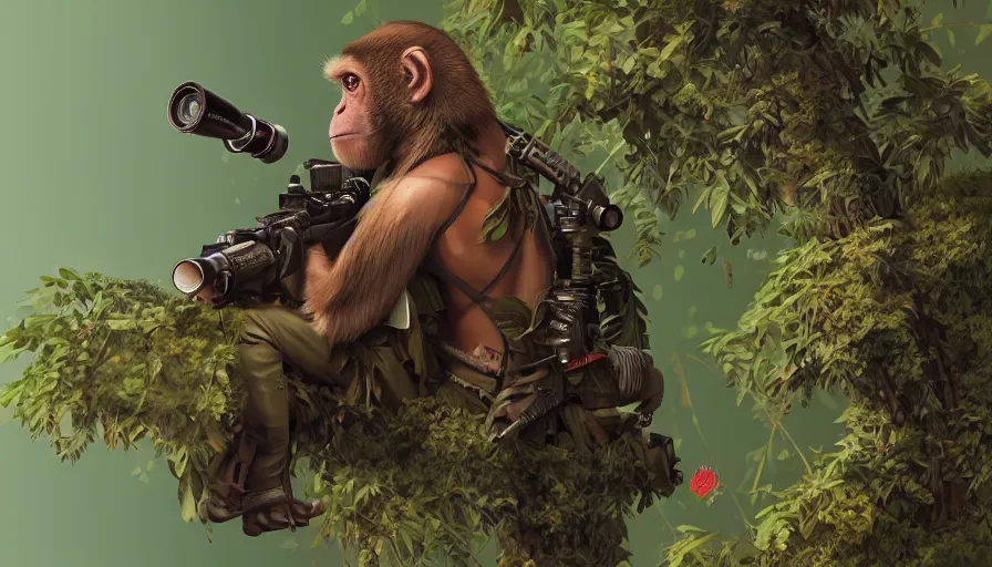 Image similar to Sniper monkey in a bush, hyperdetailed, artstation, cgsociety, 8k