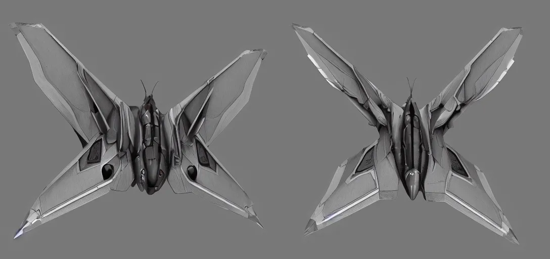 Image similar to mechanized moth with wings spread, gunmetal grey, very symmetrical, orthographic view, top down view, bottom view, side view, blueprints, mecha, lockheed martin f - 3 5 lightning ii, fighter jet, cybernetic, robotic, highly detailed, artstation, autodesk maya, super realistic, unreal engine