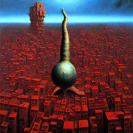 Image similar to a giant snail stands over a city painting by beksinski, behsinski colors. masterpiece painting