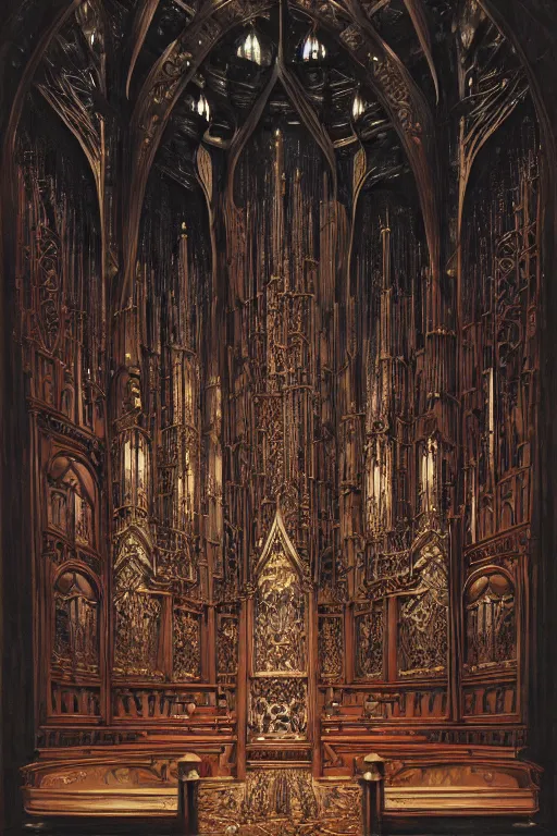 Prompt: oil painting of a pipe organ, intricate artwork by, Johnatan Wayshak, Ayami Kojima, Amano, Karol Bak, Greg Hildebrandt, and Mark Brooks, Neo-Gothic, gothic, rich deep colors, art by Takato Yamamoto, masterpiece, Artgerm, coherent artwork, cinematic, hyper realism, high detail, octane render, unreal engine, 8k, High contrast, golden ratio, trending on cgsociety, ultra high quality model, production quality cinema model