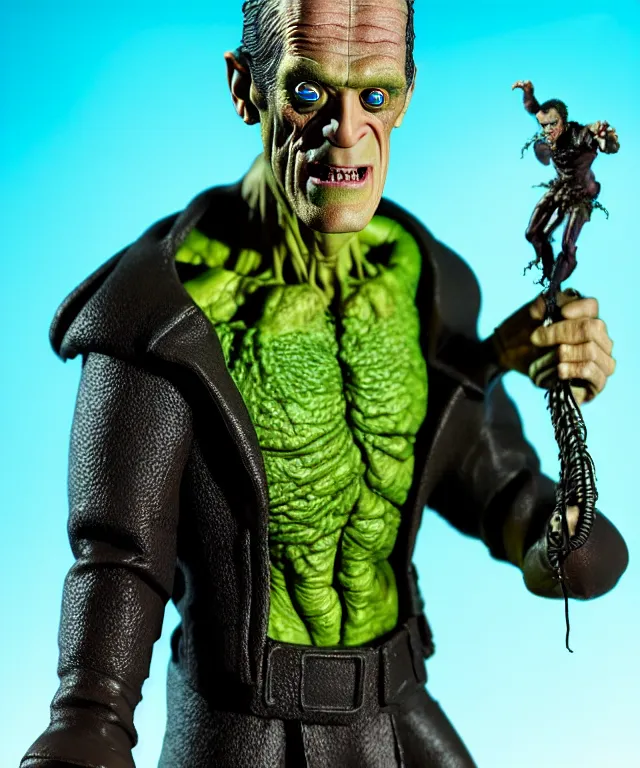 Image similar to hyperrealistic rendering, frankenstein, by art of skinner and richard corben and jeff easley, product photography, action figure, sofubi, studio lighting, colored gels