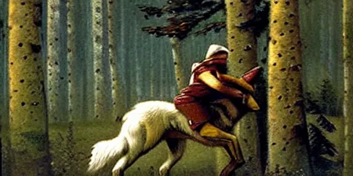 Prompt: man riding a wolf. photo from national geographic. art by ivan shishkin