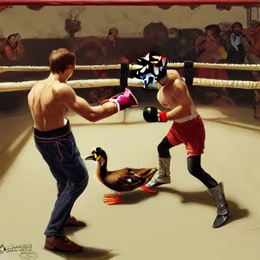 Image similar to cat and duck battle in a boxing ring, highly detailed, digital painting, artstation, concept art, sharp focus, illustration, art by greg rutkowski and alphonse mucha