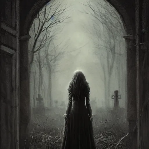 Image similar to a painting of a woman standing in a graveyard, an ultrafine detailed painting by seb mckinnon, featured on cgsociety, gothic art, darksynth, dark and mysterious, ominous vibe