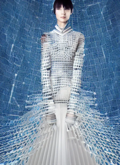 Prompt: a digital portrait by ichiro tanida and mitsuo katsui of an european girl detailed features wearing a cyber kimono latex suit wedding dress - synthetic materials, by issey miyake