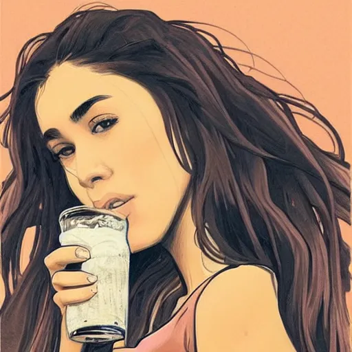 Image similar to Madison Beer drinking beer in the parking lot, realistic, sunset 😂😂😂☺️☺️☺️, in the style of Artgerm and Alphonse Mucha