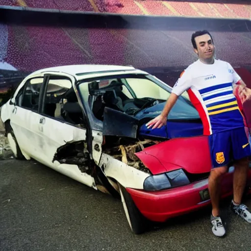 Prompt: xavi hernandez next to a crashed car, in camp nou