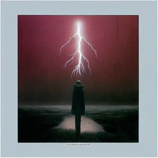 Prompt: anime made by zdzisław beksinski, album cover, thunderstorm the background, rain