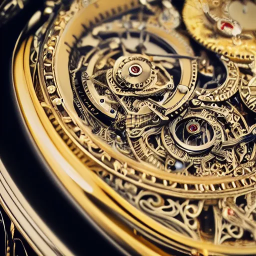 Prompt: a macro photo of a very beautiful gold and silver mechanical watch, close - up, intricately detailed engravings, intricately detailed markings, intricate textures, warm lighting, vivid colors, realistic octane render, hyper realistic render, volumetric shading, depth of field, raytracing, 8 k,