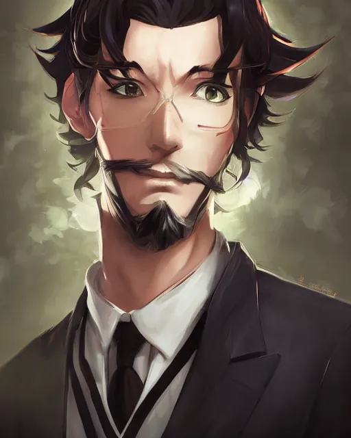 Prompt: an anime portrait of doctor bob as a beautiful man wearing a tuxedo from skyrim, by stanley artgerm lau, wlop, rossdraws, james jean, andrei riabovitchev, marc simonetti, and sakimichan, trending on artstation