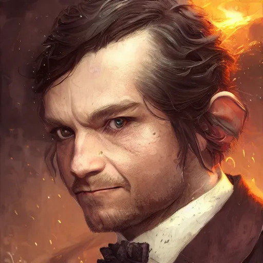 Image similar to portrait of a hobbit gentleman in a tuxedo, Cinematic lightning, D&D, fantasy, highly detailed, digital painting, sharp focus, illustration, art by artgerm and greg rutkowski and magali villeneuve