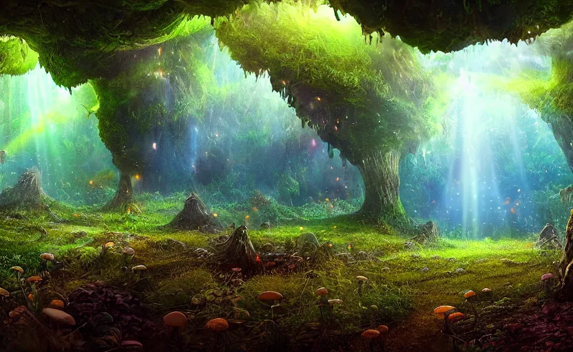 Prompt: a beautiful and stunning professional digital artwork of a glowing mushroom cave, haze, spores floating in the air, vines, water, volumetric lighting, hyperrealistic, rtx on, ultra detail