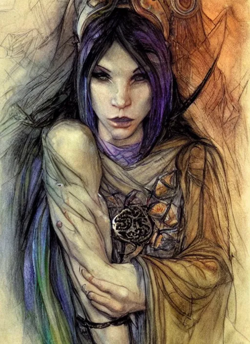 Image similar to portrait of young female sorceress of the endtimes, beautiful! coherent! dungeons and dragons character, by brian froud, strong line, night color, high contrast