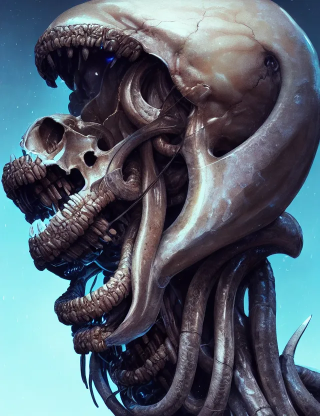 Prompt: prometheus engineer close - up profile portrait with ram skull. beautiful intricately detailed, bio luminescent, plasma, ice, water, wind, creature, artwork by tooth wu and wlop and giger and beeple and greg rutkowski