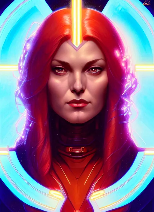 Image similar to symmetry portrait of jean grey from 9 0 s x - men, glowing lights, intricate, elegant, highly detailed, digital painting, artstation, concept art, smooth, sharp focus, illustration, art by artgerm and greg rutkowski and alphonse mucha