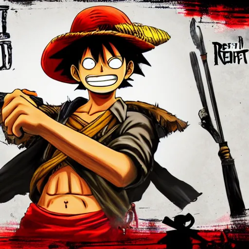 Prompt: Luffy the Pirate in the style of Red Dead Redemption 2 cover art