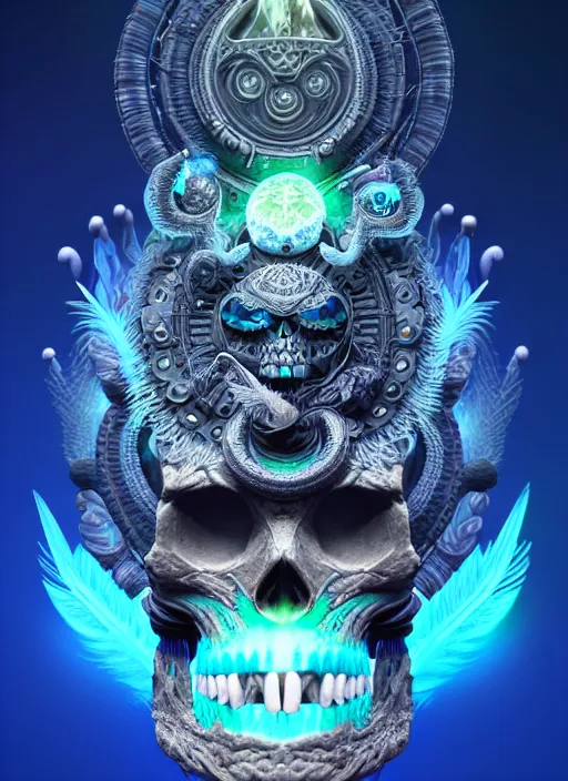 Image similar to 3 d shaman with tattoos profile portrait, sigma 5 0 0 mm f / 5. beautiful intricate highly detailed quetzalcoatl skull and feathers. bioluminescent, plasma, lava, ice, water, wind, creature, thunderstorm! artwork by tooth wu and wlop and beeple and greg rutkowski, 8 k trending on artstation,