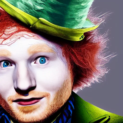 Prompt: ed sheeran as the mad hatter, ed sheeran in mad hatter attire and makeup, trending on artstation, photorealistic, 4 k, 8 k