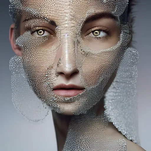 Prompt: full shot of a regal brown / dark - toned woman wearing an intricate and detailed armor made of dew drops. dew drops around eyes. refracted light. morning dew. delicate. translucent. haunting eyes. vulnerable. fragile. ethereal. refracted light. by ray caesar. by louise dahl - wolfe. surreal photography.